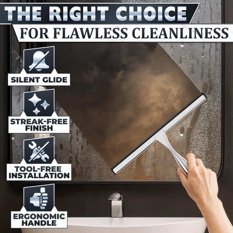 NOVSIX 12 Inch Silver All-Purpose Stainless Steel Shower Squeegee for Shower Glass Door with 2 Hooks (Adhesive & Regular), Bathroom Cleaner Tool, Window & Mirror Squeegee for Tile Walls, Car Glass Surfaces - Image 4